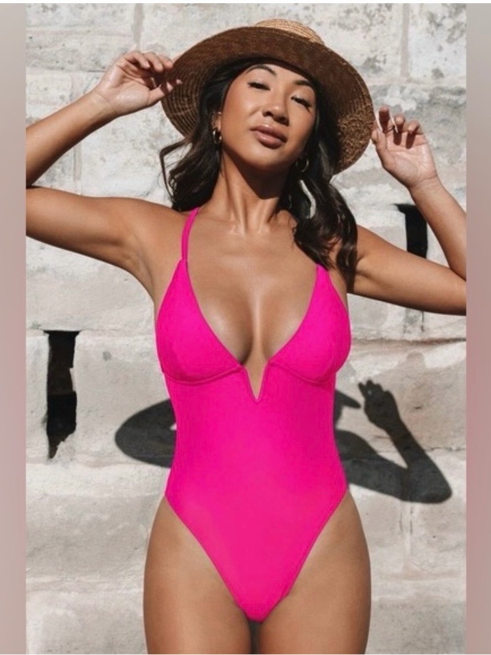 Cupshe Hot Pink V-Plunge One-Piece Swimsuit
